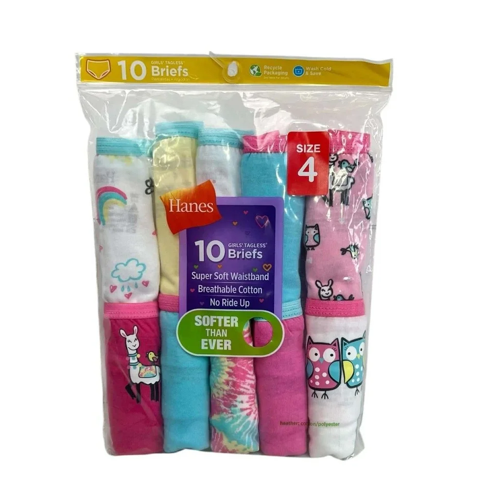 Hanes Girls Size 4 10 Pack Briefs Tagless Cotton Rainbow‎ Owl Llama Prints